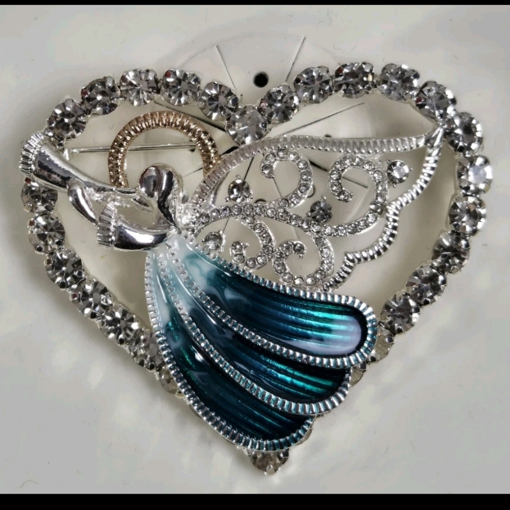 Napier Elegant Silver Angel With Gold Halo & Teal Dress In A Heart Brooch New